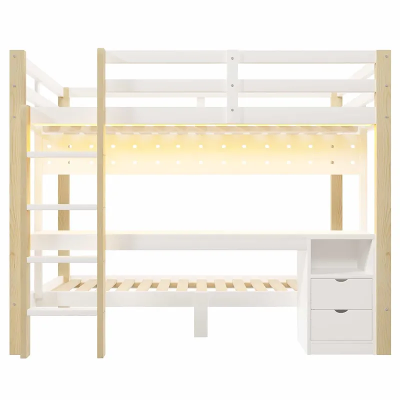Cama alta 90x200 cm y 140x200 cm - Madera de pino, con cajones y escritorio, equipada con sistema de colgar con paneles perforados, incluye LED - Blanco