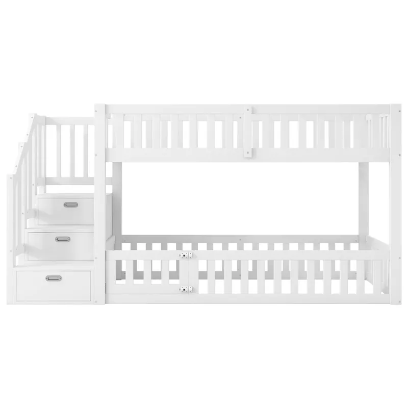 Cama alta 90x200 - Escalera con almacenamiento - Blanco