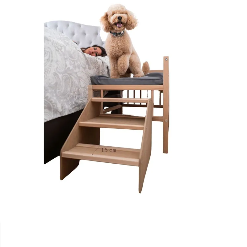 Cama para Perro, Gato, Mascota. Elevada de Madera con Escalón. Con Colchón de Espuma Viscoelástico Ortoflex. 2 Alturas. Faunatic Impermeable - Jardín