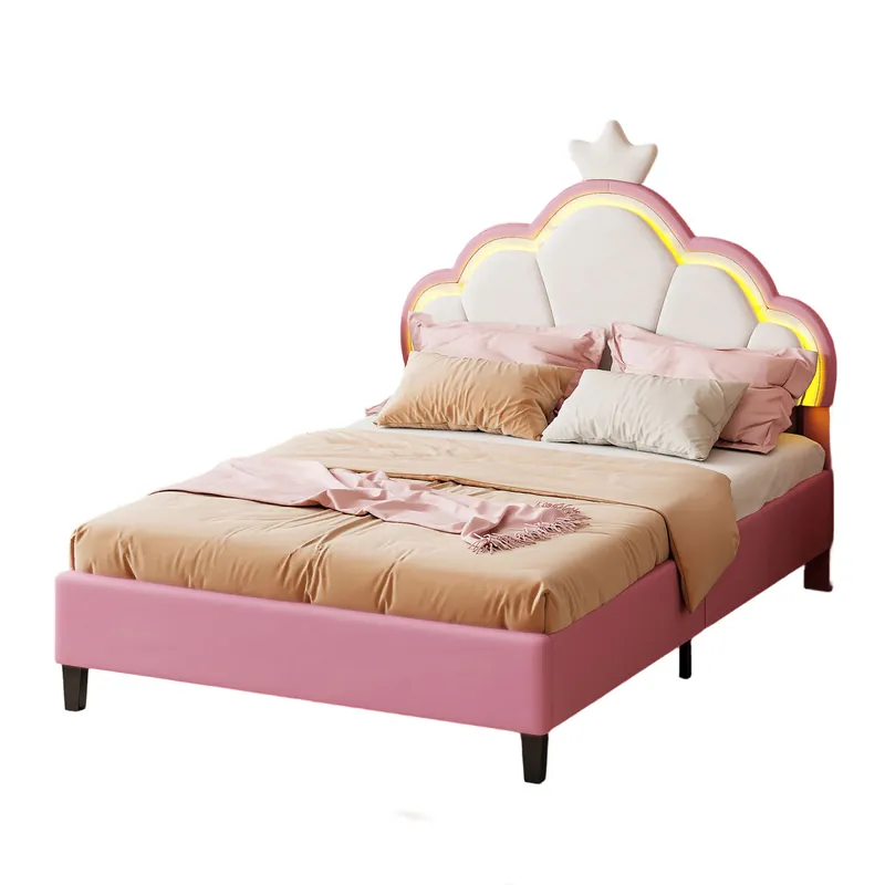 Cama 90x200 cm tapizada en terciopelo rosa y blanco con iluminación LED, diseño de corona, mando a distancia y modos personalizables - Descanso