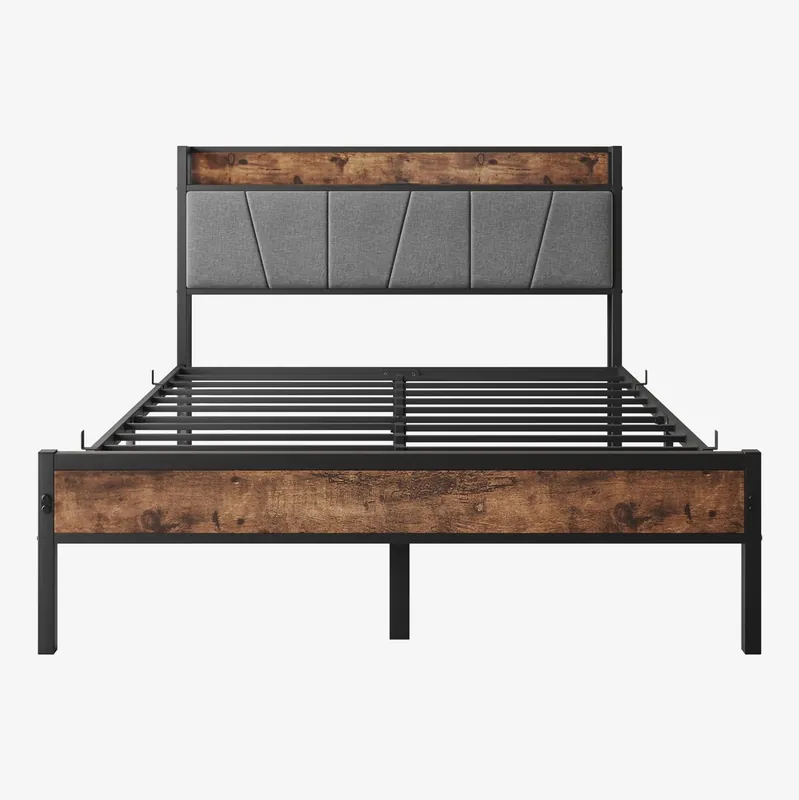 Cama 120x200cm - LED inteligente, cabecero con almacenamiento y USB, metal resistente - Antique Brown