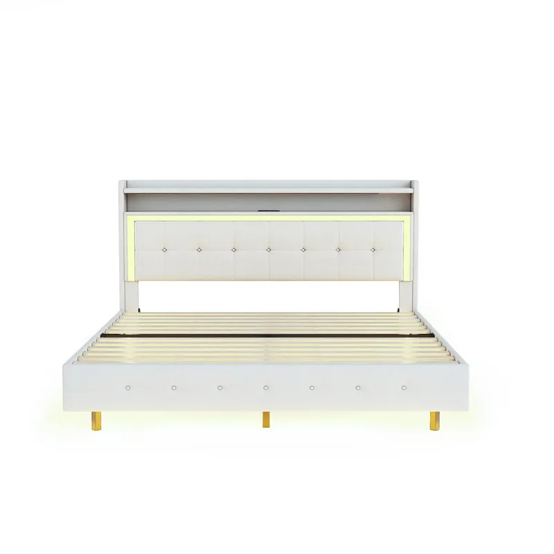 Cama acolchada de tejido de lino 140x200 cm - con toma USB y LED - Beige