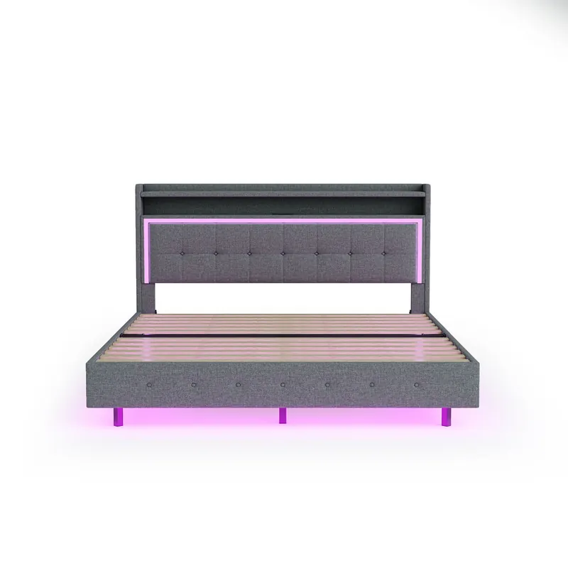 Cama acolchada de tejido de lino 140x200 cm - con toma USB y LED - Beige