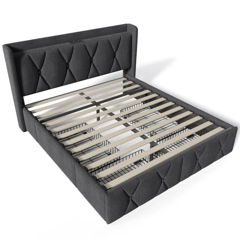 Cama acolchada de lino 140x200cm - con 4 cajones y puertos de carga USB - Gris (colchón no incluido)