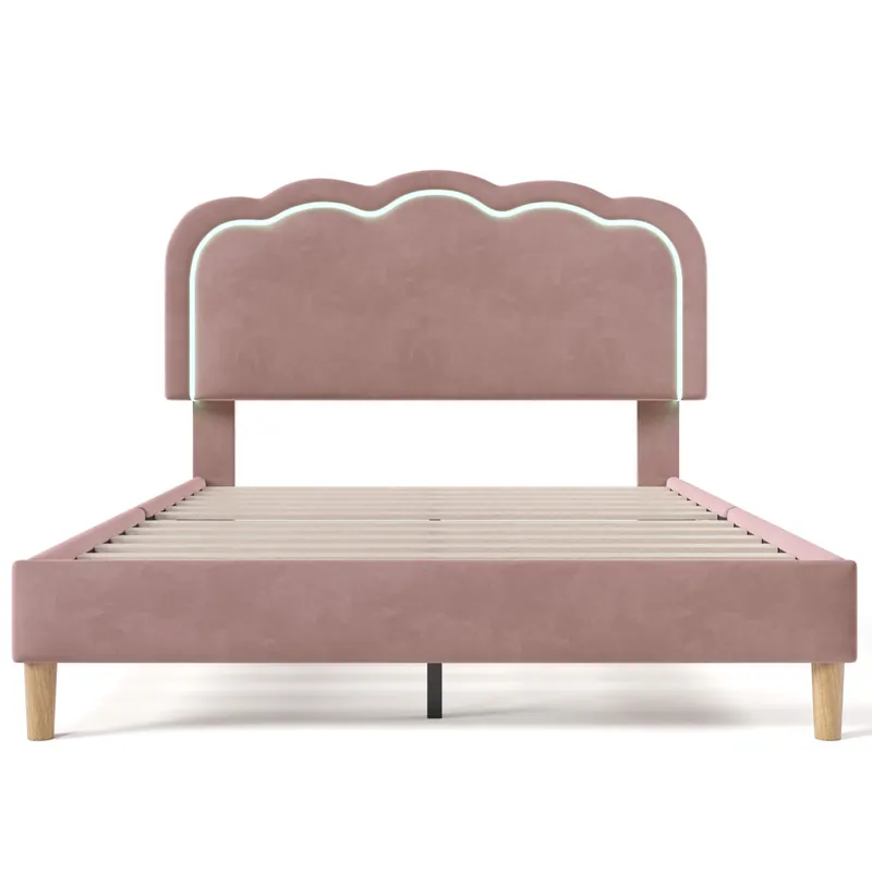 Cama 140x200 tapizada en lino - con LED y somier - Beige