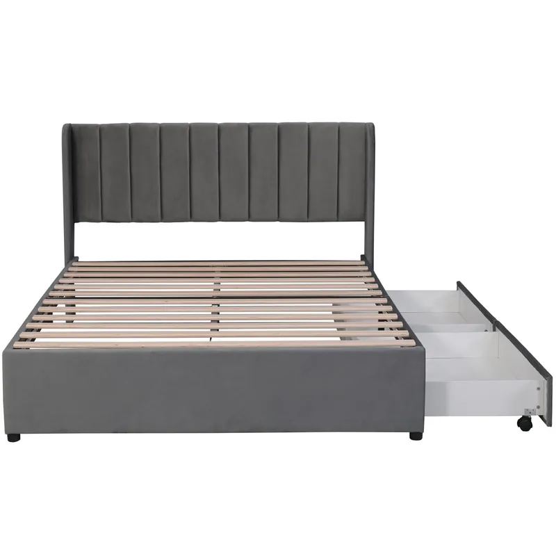 Cama 160x200cm con 2 cajones - tapizada en terciopelo - estilo moderno - Gris
