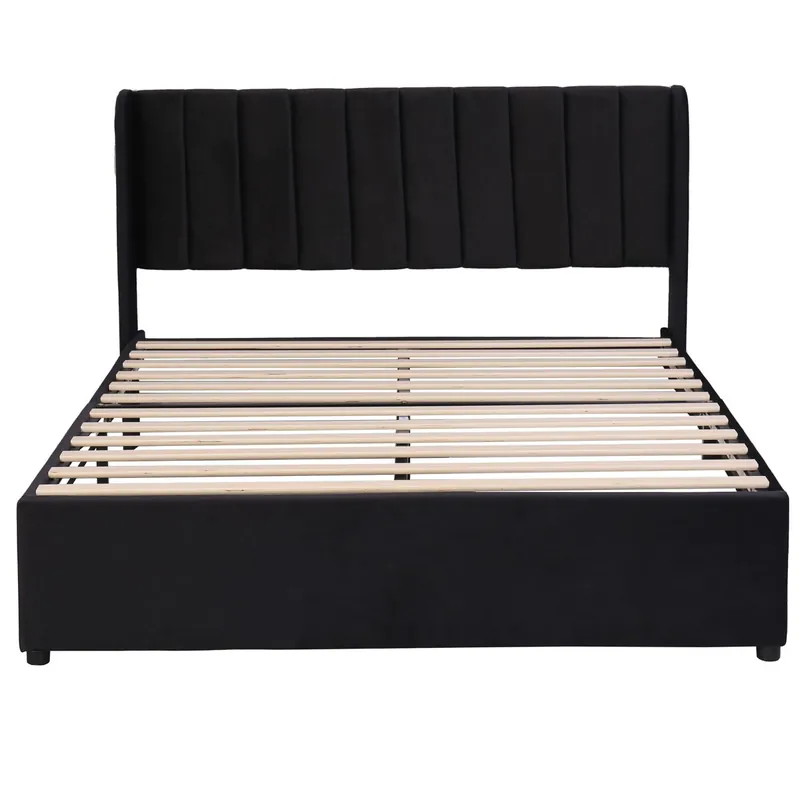 Cama 160x200cm con 2 cajones - tapizada en terciopelo - estilo moderno - Negro