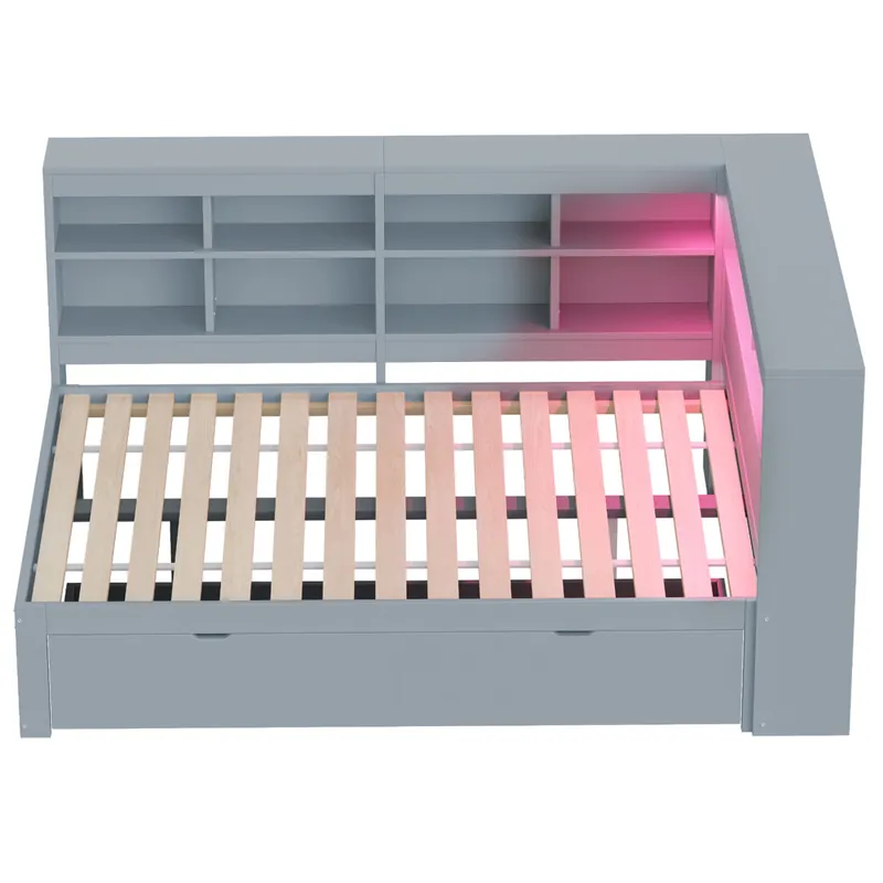 Banco cama de madera maciza con almacenaje 140x200 cm - con LED y tomas USB - Gris