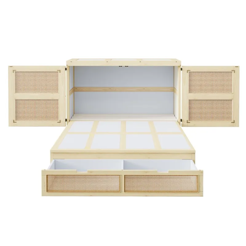 Cama abatible 140 x 200 cm - con somier, cajones de almacenamiento, diseño ratán - madera