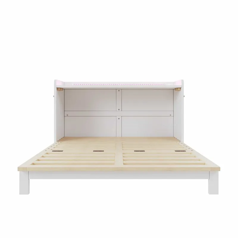 Cama abatible 140x200 cm - Cajones inferiores, USB y enchufe, LED, Plataforma convertible, Sin colchón, Blanco