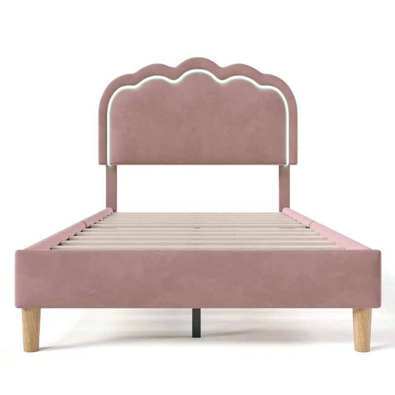 Cama 90x190 tapizada en terciopelo - con LED y somier - Rosa