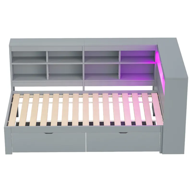 Sofá cama 90x200 cm - Con almacenamiento, cama con USB y enchufe, con estantes y bandejas, mucha capacidad, cama multifuncional de madera - Blanco