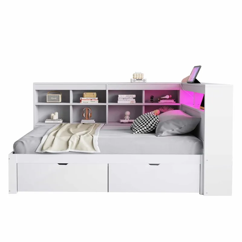 Sofá cama 90x200 cm - Con almacenamiento, cama con USB y enchufe, con estantes y bandejas, mucha capacidad, cama multifuncional de madera - Blanco