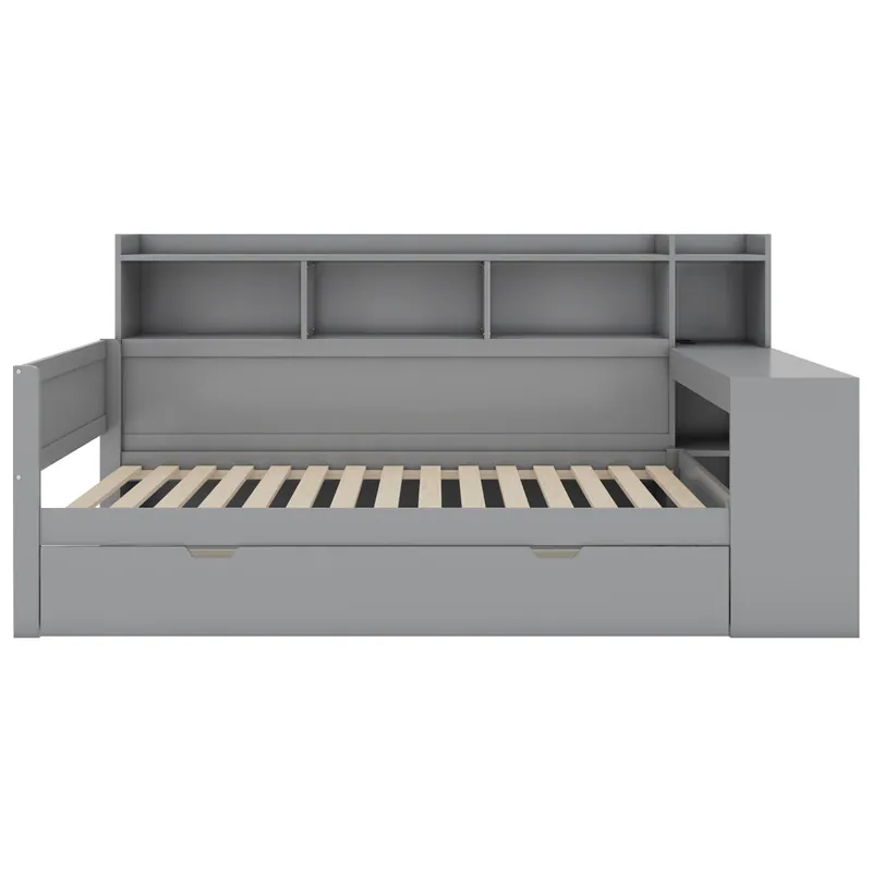 Sofá cama 90x200 cm - escritorio con toma USB - 2 cajones y estantes - Gris (colchón no incluido)