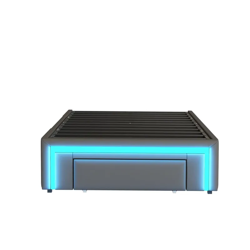 Cama 90x200 - con cajones, sin cabecera, LED, plataforma metálica, PU - Blanco