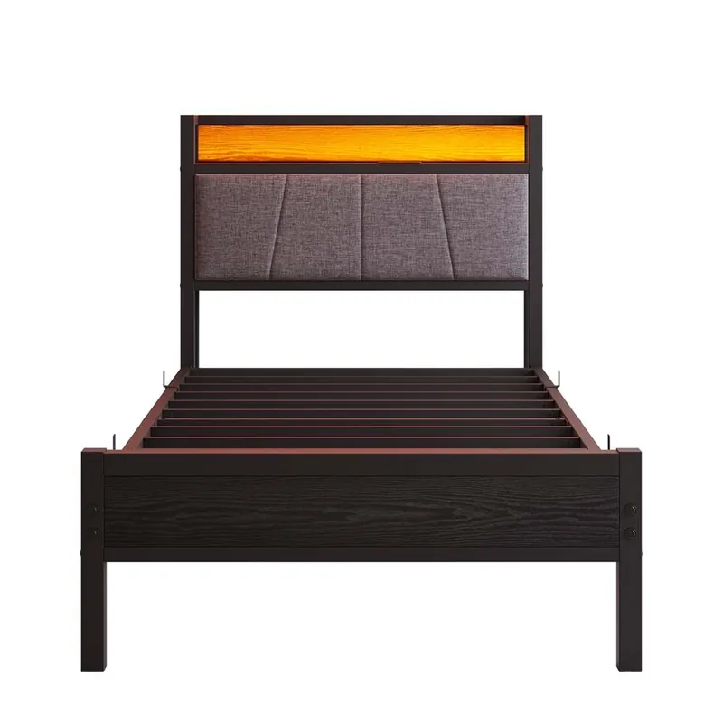 Cama 90x200cm - Marco con luces LED, cabecero con USB, láminas metálicas, silenciosa - Negro