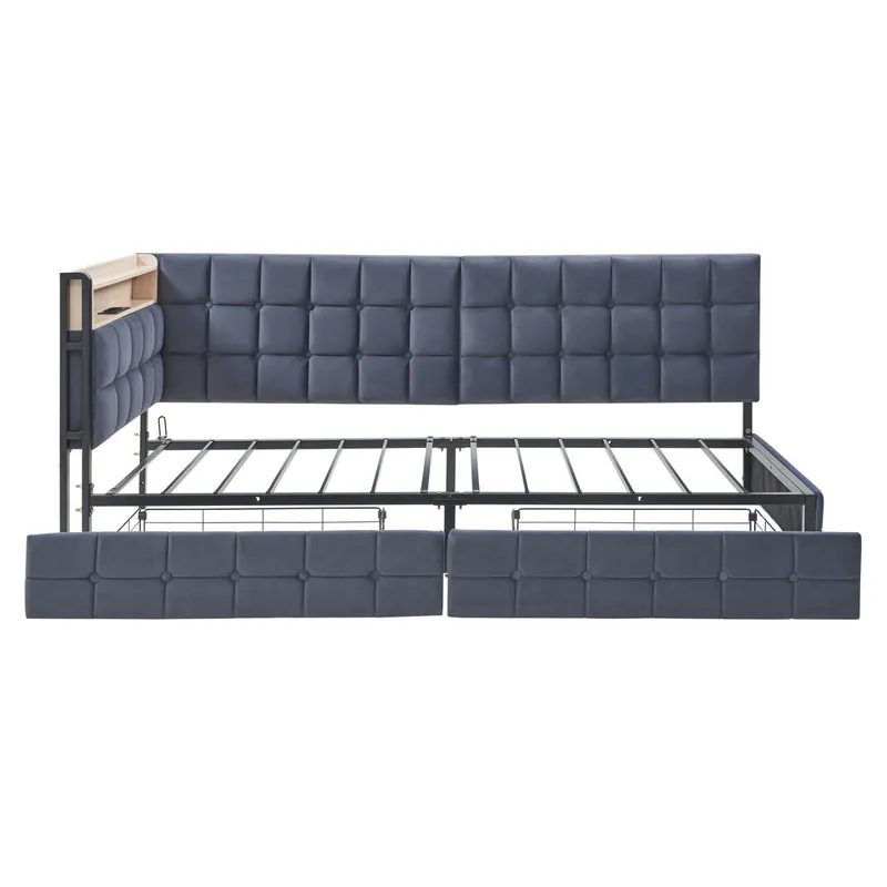 Sofá cama infantil 90x200 - 2 cajones, lámpara LED de noche, puertos USB y Tipo C - Beige