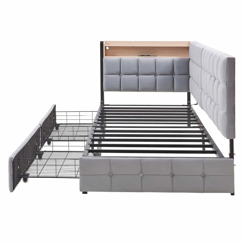 Sofá cama infantil 90x200 - 2 cajones, lámpara LED de noche, puertos USB y Tipo C - Beige