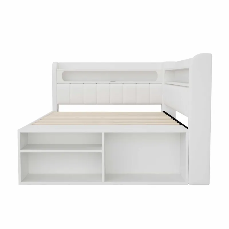 Sofá cama tapizado 90x200 cm - USB, iluminación LED, zapatero integrado, dos cajones - blanco