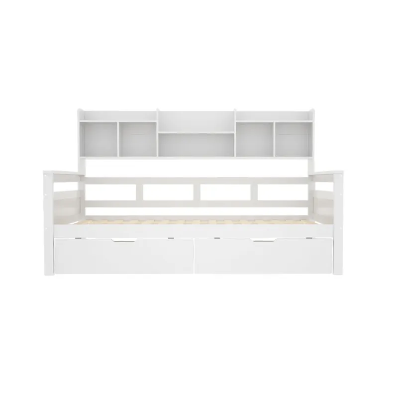 Sofá cama 90x200 - Con cajones y estantes, somier, cama infantil, cama juvenil, cama individual, cama de madera maciza - Blanco