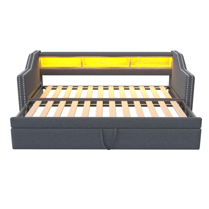 Sofá cama extraíble 90/180x190cm de lino - con LED y USB - con somier - Beige
