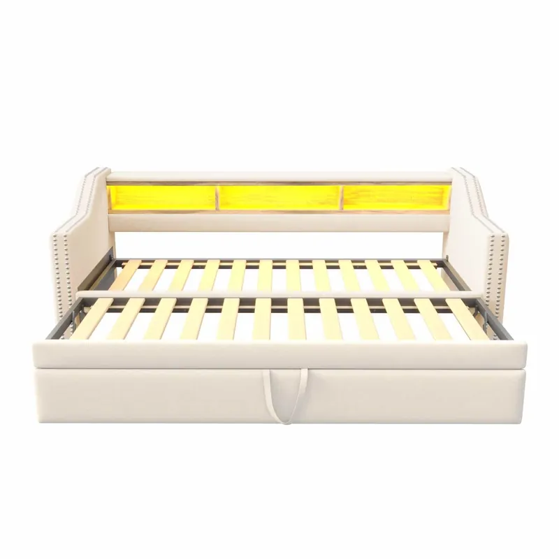 Sofá cama extraíble 90/180x190cm de lino - con LED y USB - con somier - Gris