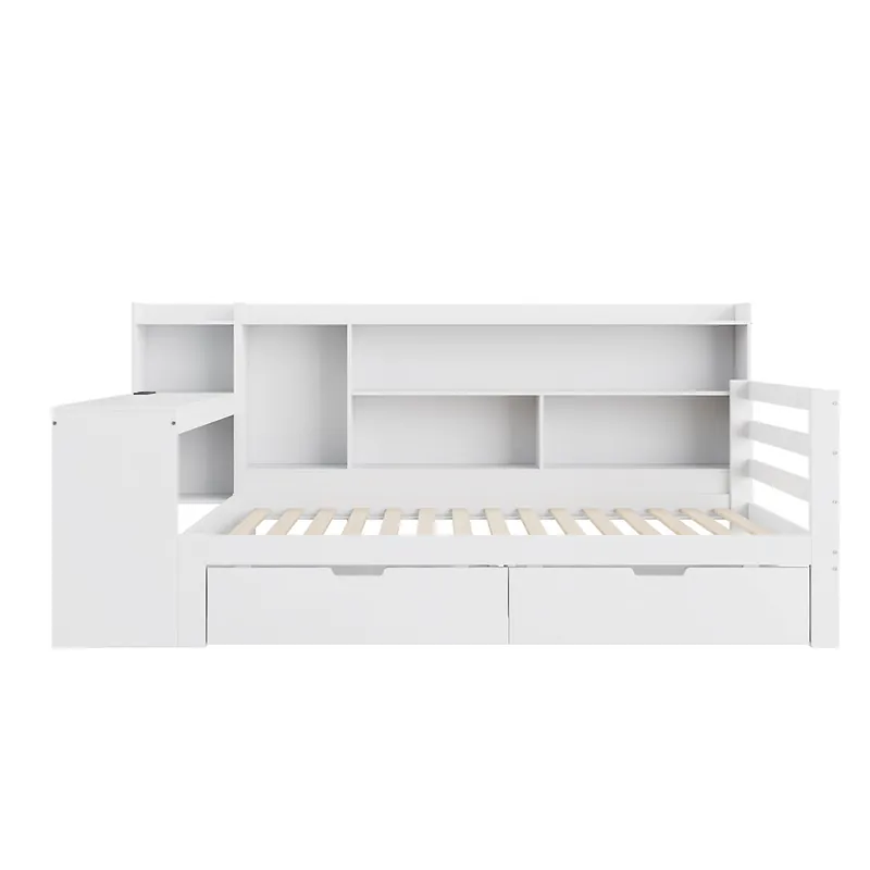 Sofá cama 90*200 cm - Con escritorio, estantería, compartimentos y enchufe - Blanco