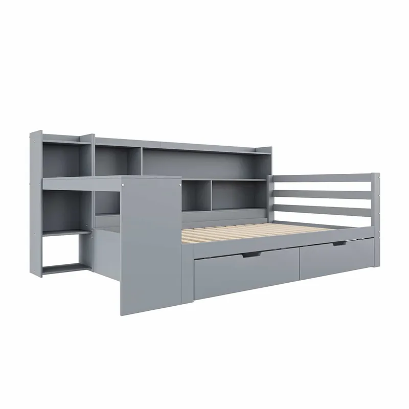 Sofá cama 90*200 cm - Con escritorio, estantería, compartimentos y toma de corriente - Gris
