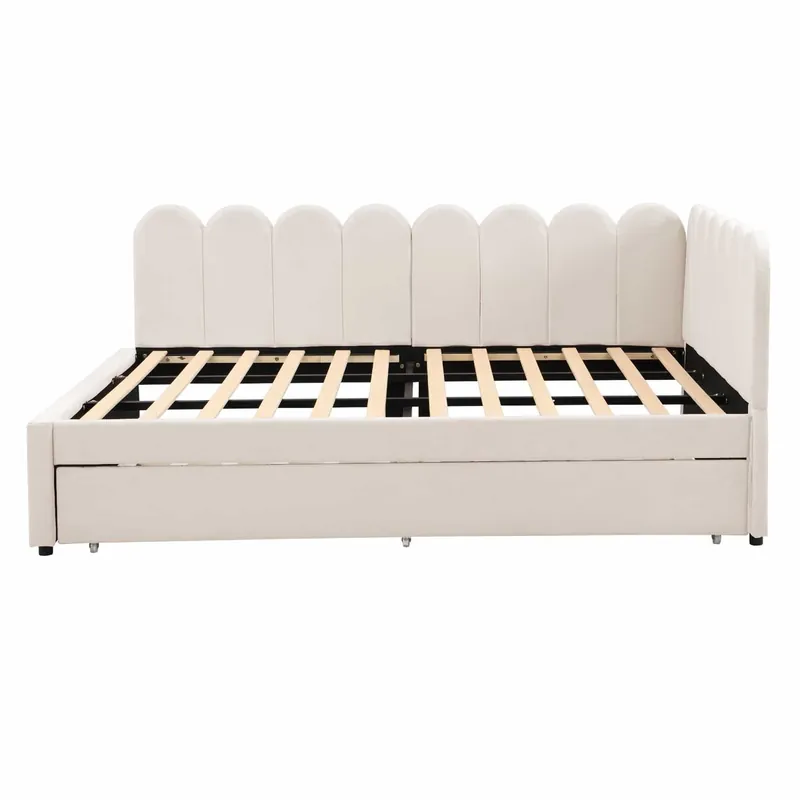 Sofá cama L-Forma 140x200 cm - Respaldo con flores y cama extensible - Samt Beige