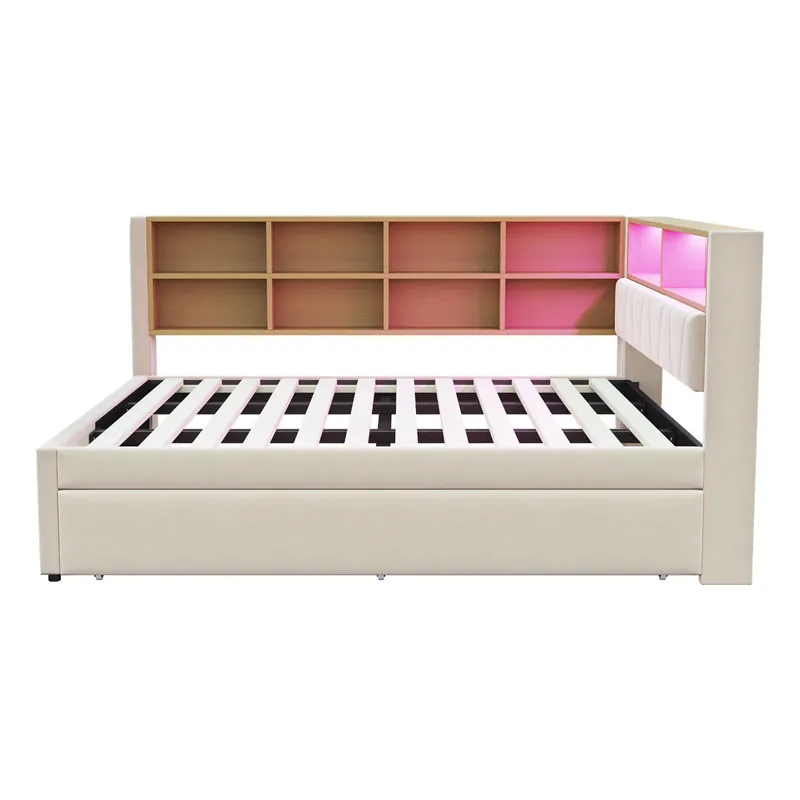 Sofá cama 140x200 - Cama extensible 90x190, con luces LED, enchufes y compartimentos de almacenamiento, sofá multifuncional, cama individual, Flanela, Gris claro.