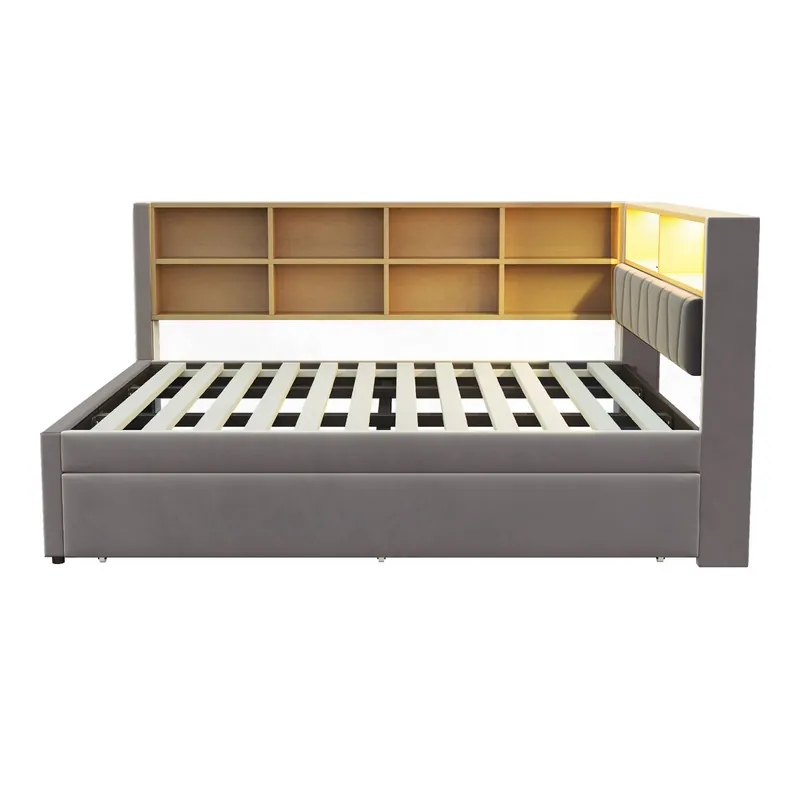 Sofá cama 140x200 - Cama extensible 90x190, con luces LED, enchufes y compartimentos de almacenamiento, sofá multifuncional, cama individual, Flanela, Gris claro.