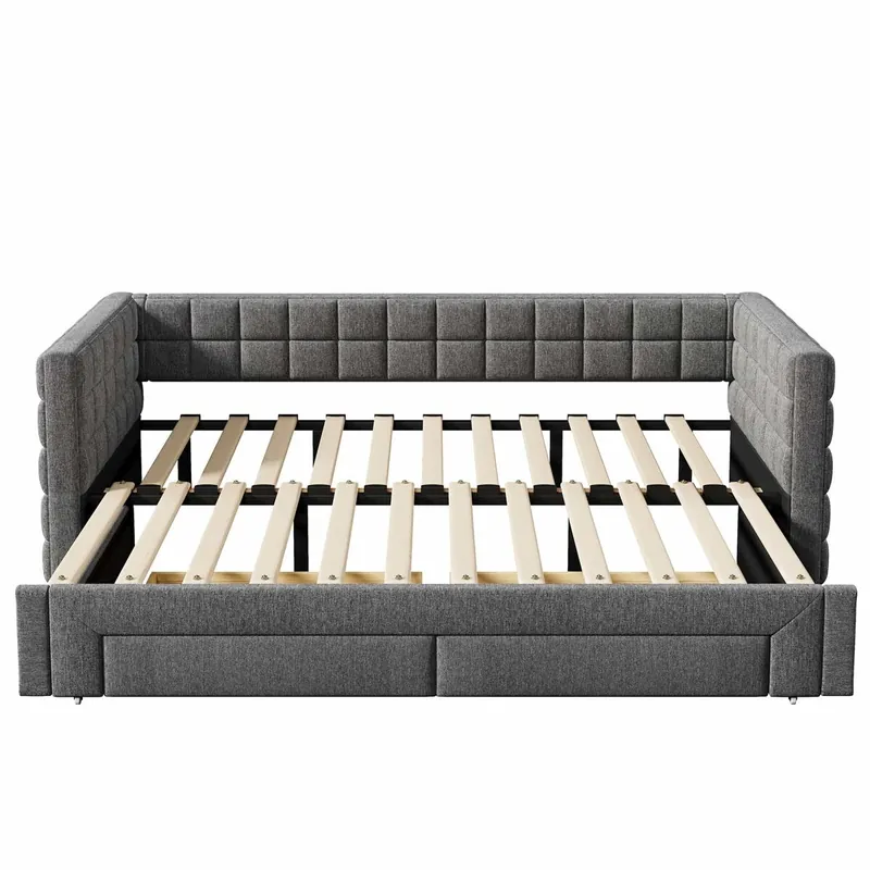Sofá cama, 90x200cm - Sofá cama con respaldo cuadrado, cama extensible (hasta 180 Queen size), 2 cajones, sin colchón - Gris
