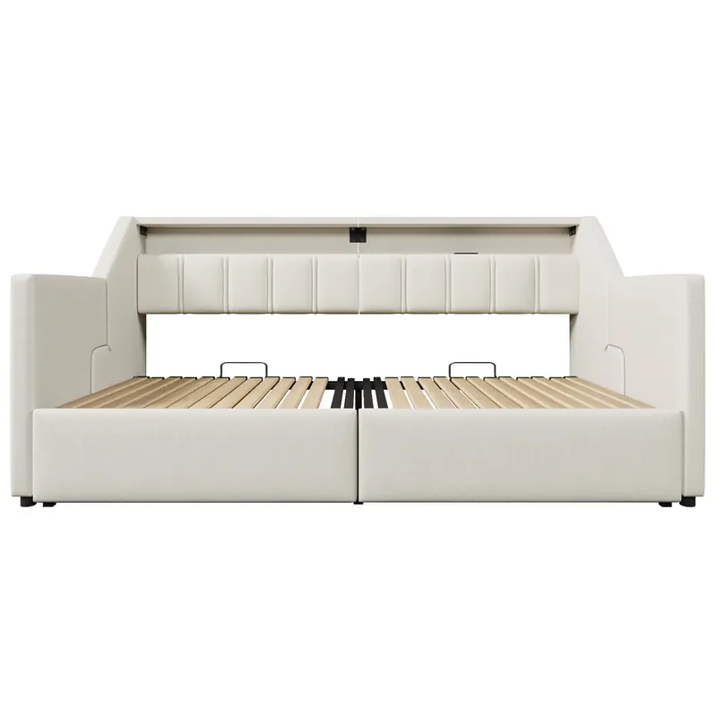 Sofá cama, 90 x 200 cm - Con USB y Type-C, tira LED con control remoto, 2 cajones, bolsillos de almacenamiento, cama extensible multifuncional - Beige