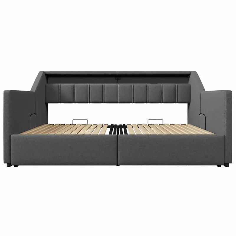 Sofá cama, 90 x 200 cm - Con USB y Type-C, tira LED con control remoto, 2 cajones, bolsillos de almacenamiento, cama extensible multifuncional - Beige