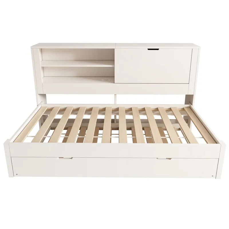 Sofá cama individual 90x190 cm - con cama extra, almacenamiento, USB/USB-C, sin colchón - blanco