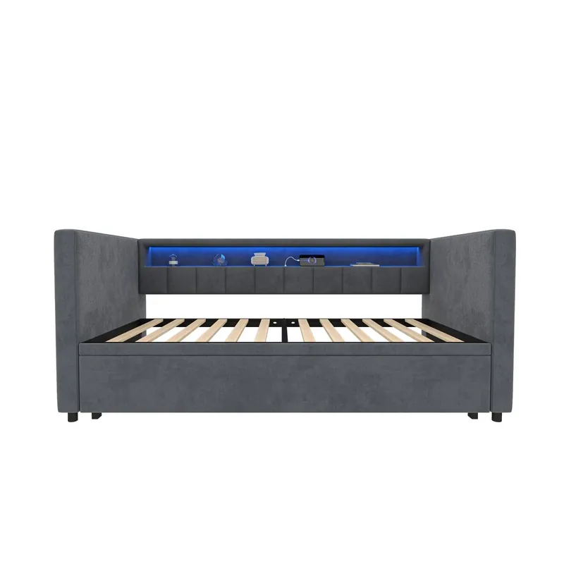 Sofá cama multifuncional 90x190 cm - Cama extensible, USB-Type-C, LED ambiente, terciopelo, con almacenamiento - Beige