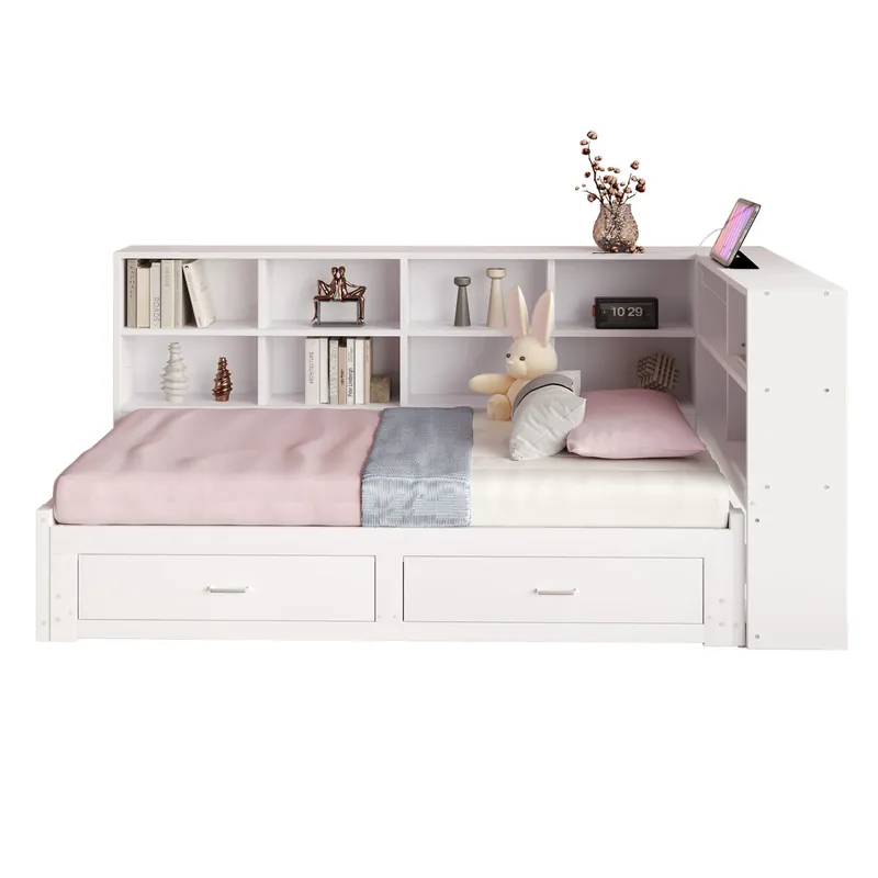 Sofá cama multifuncional 90/180*190 cm - Con cama extraíble, compartimiento de almacenamiento, enchufe euro, cajones, somier - Blanco