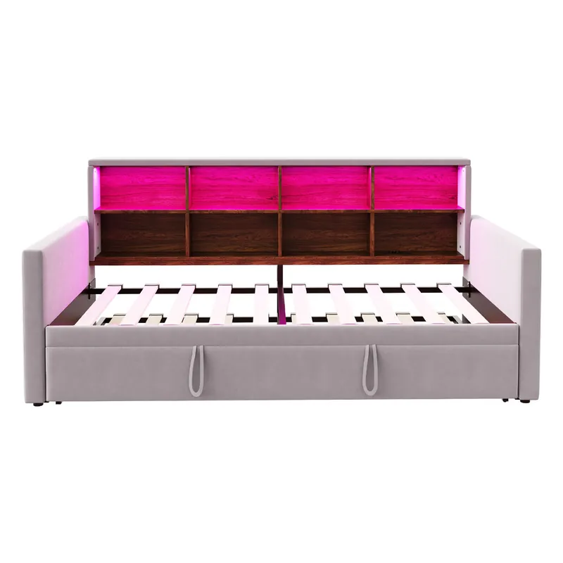 Sofá cama 90x190 cm - Cabezal con almacenamiento, luz LED, enchufes, cama extensible, tapizado de terciopelo - Gris claro