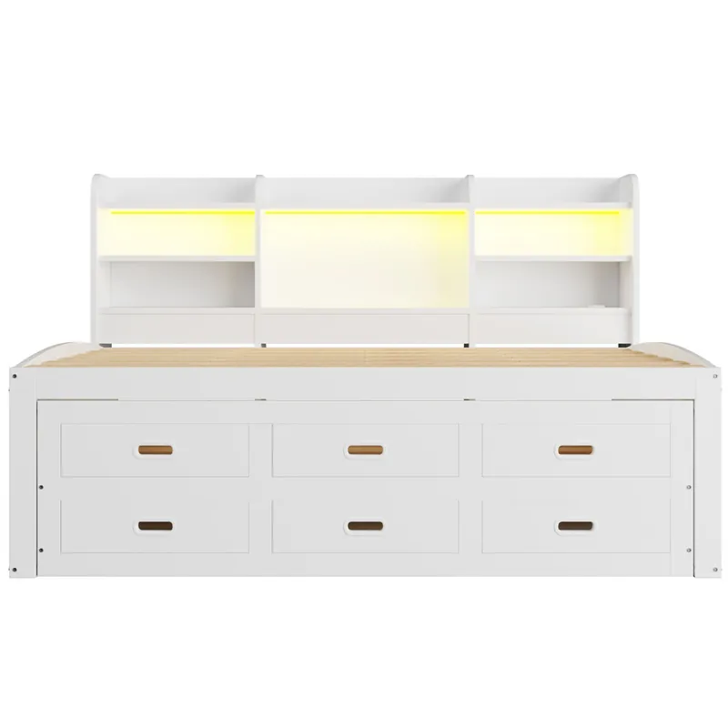 Sofá cama, 90 x 200cm - Con control remoto LED, 3 cajones, mesa de noche, cama extensible multifuncional con USB + Type-C - Blanco