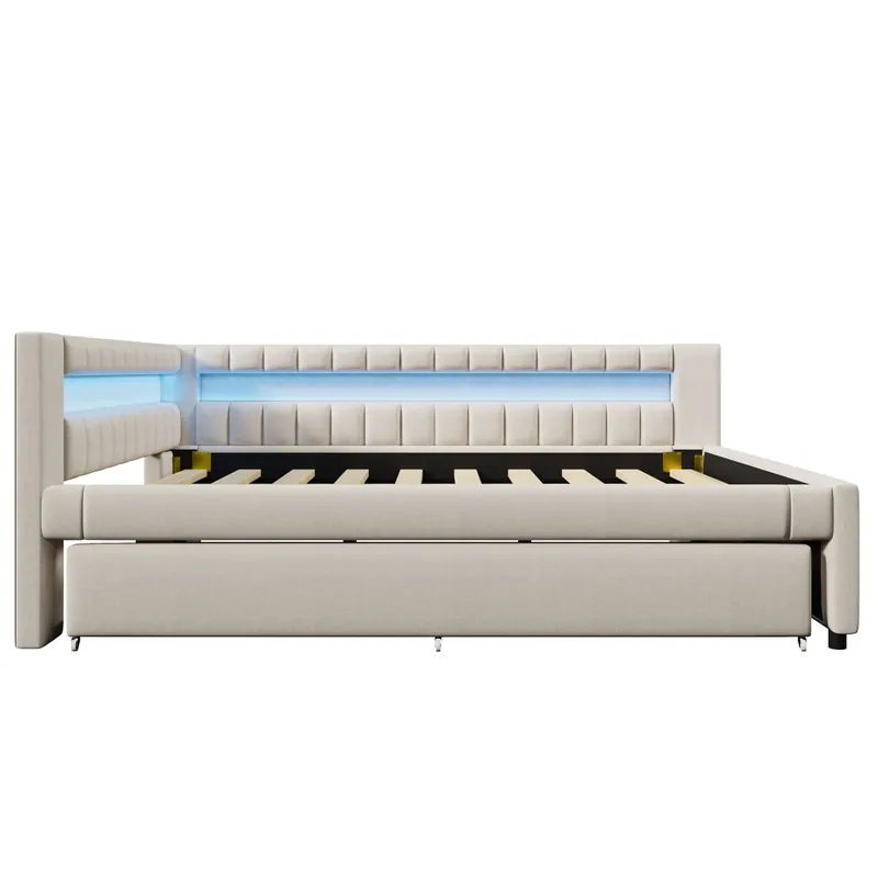 Sofá cama 140x200 cm - Cama con LED, cama nido, USB + TYPE-C, lino - Beige