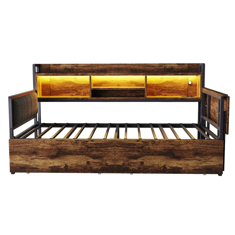 Sofá cama de hierro 90x200 cm - Con iluminación LED, almacenamiento, escritorio desplegable - Blanco