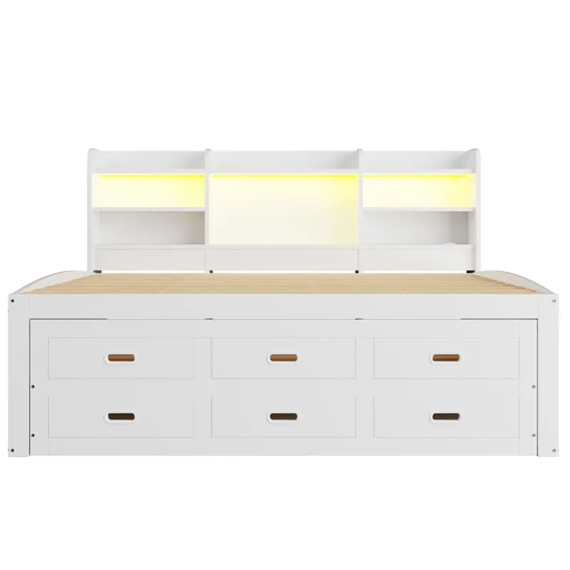 Sofá cama, Daybett, 140x200cm - Mando LED, 3 cajones, Estante de mesita de noche, Cama extensible multifuncional con USB + Type-C, Sin colchón - Blanco