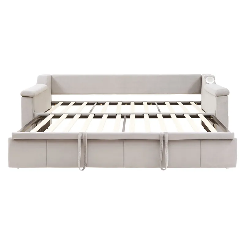 Sofá cama 90/180x190 cm - Reposabrazos anchos y gruesos, Con sistema de sonido Bluetooth inteligente, Con puerto USB, Con compartimentos de almacenamiento, Con somier, Tela de terciopelo - Beige