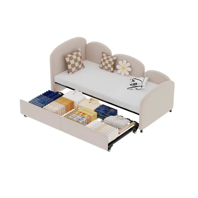 Sofá Cama Twin Size - Con Cajones de Almacenaje, Tapizado de Terciopelo - Beige