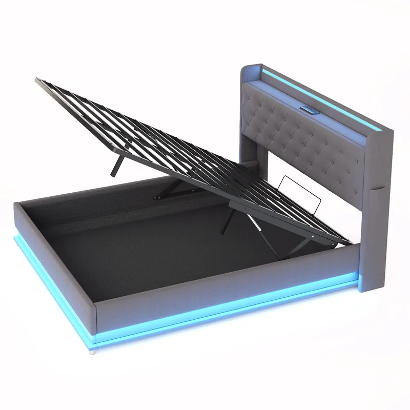 Baúl Iluminado Tapizado con LED 140x200 cm - con Puerto de Carga USB - Tela Lino - Gris