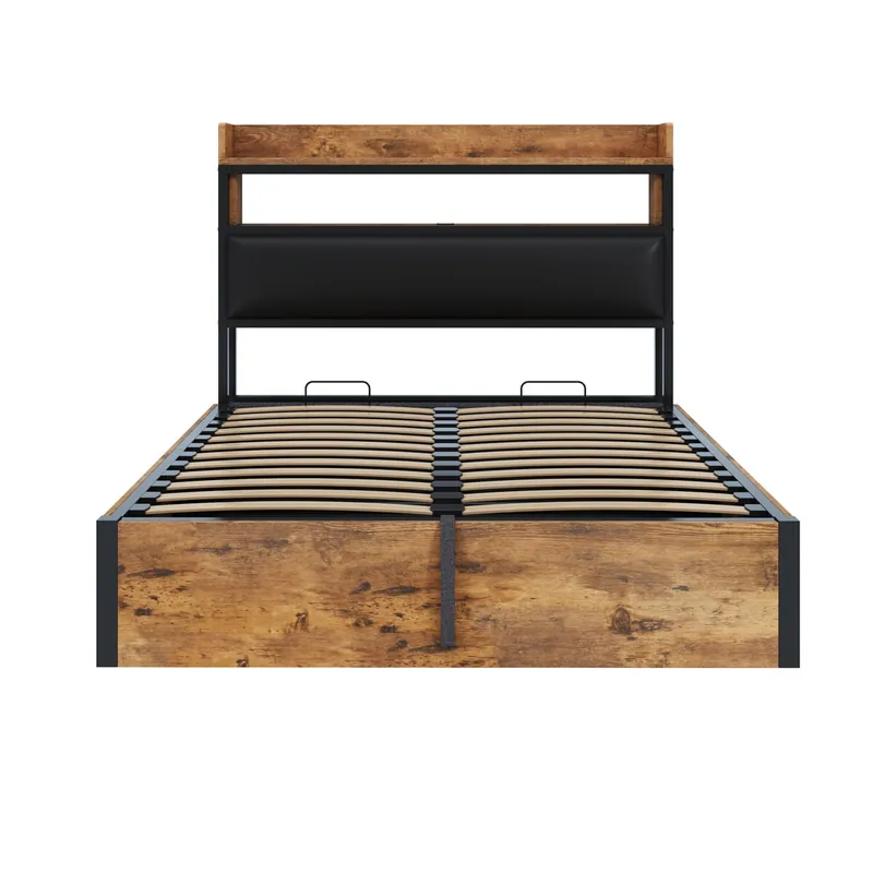 Cama 140x200 - con mecanismo hidráulico, USB, cabecero acolchado, diseño vintage madera y metal, almacenamiento oculto - Negro