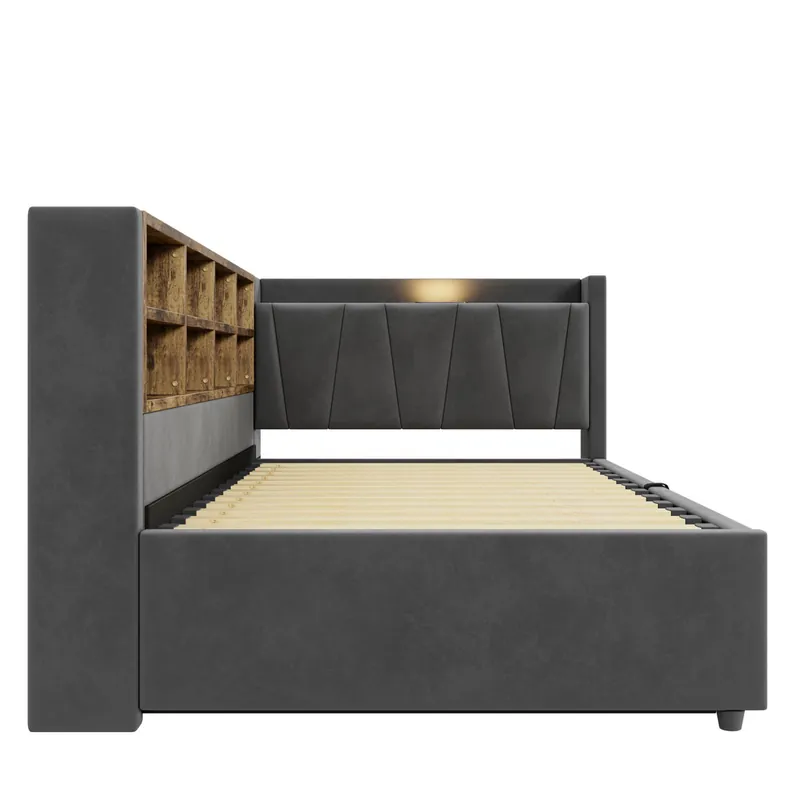 Sofá cama 90x200 cm - Con almacenamiento hidráulico, luz nocturna, puertos USB y Tipo-C, estantes y compartimentos, cabecero acolchado, multifuncional, tela de terciopelo - Gris oscuro