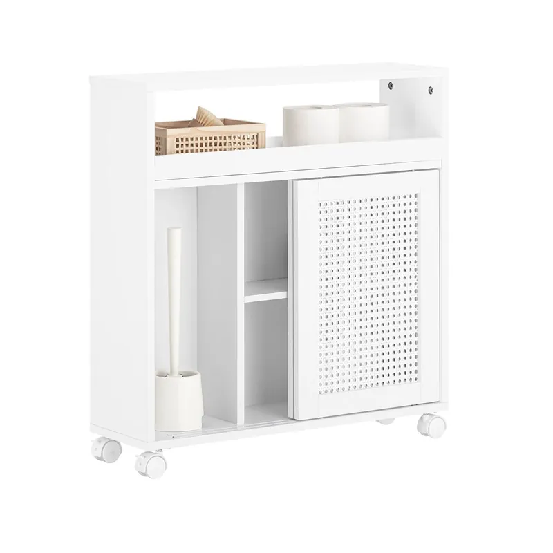 SoBuy BZR119-W Estantería Estrecha para Baño con 2 Puertas 1 Estante y 4 Ruedas