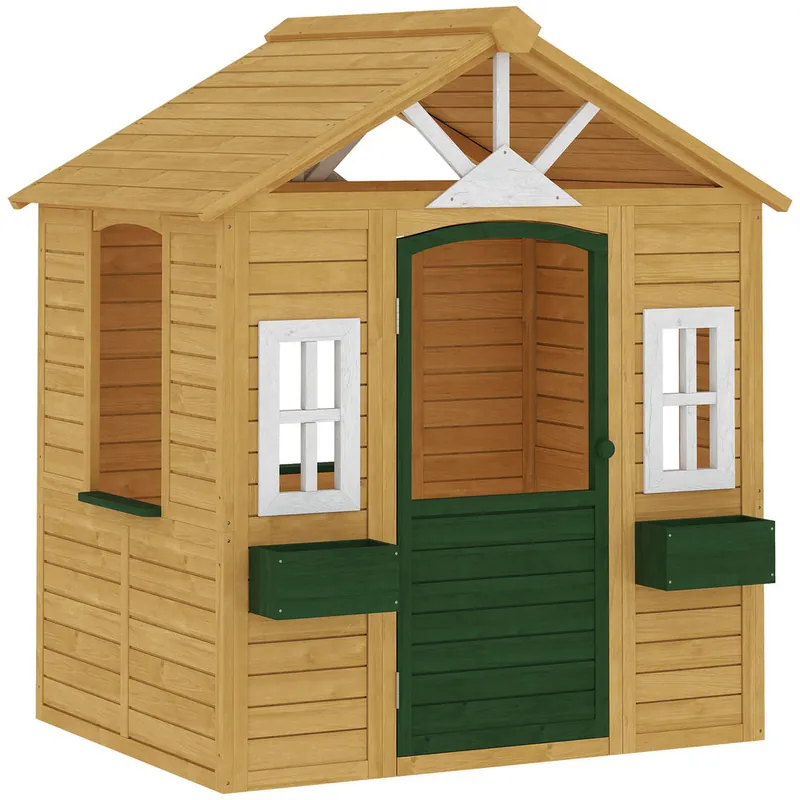 AIYAPLAY Casita Infantil Exterior e Interior de Madera, Casita Infantil con 2 Maceteros, 3 Ventanas, Media Puerta, Casa de Jardín para Niños de 3-8 Años, Marrón
