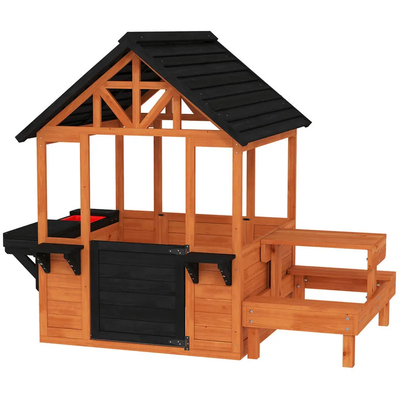 AIYAPLAY Casita Infantil Exterior e Interior de Madera, Casita Infantil con Barra de Snack, Mesa de Picnic y Bancos, Fregadero, Maceteros, Ventanas, Cocina Juguetes para Niños 3-8 Años, Marrón Claro